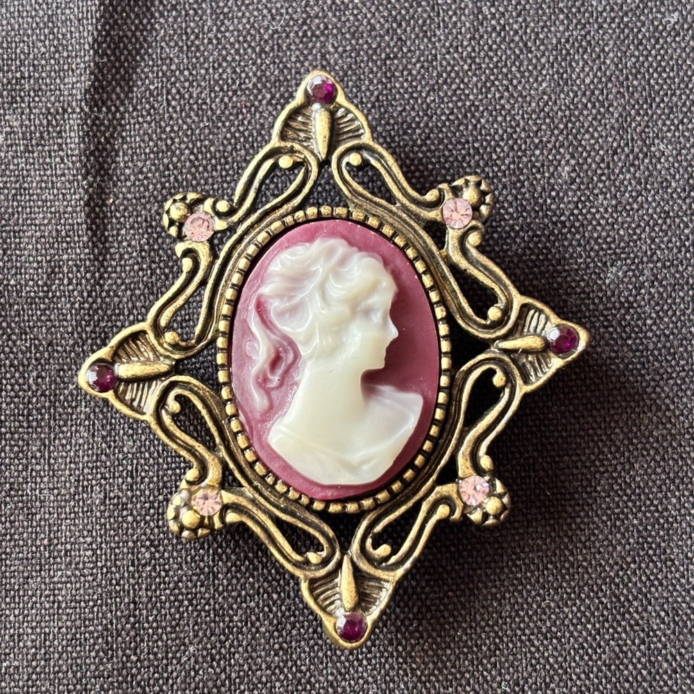 Vintage Cameo Brooch with Gold and Pink Accents